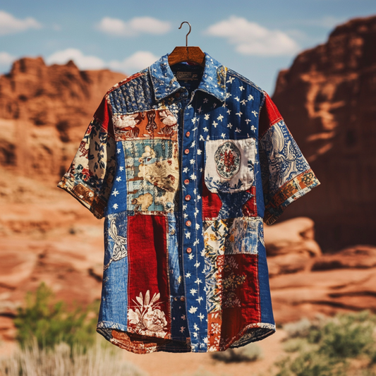 Men's  Independence Day America Blue Red With Floral Pattern Art Casual Short Sleeve Shirts elevenforest