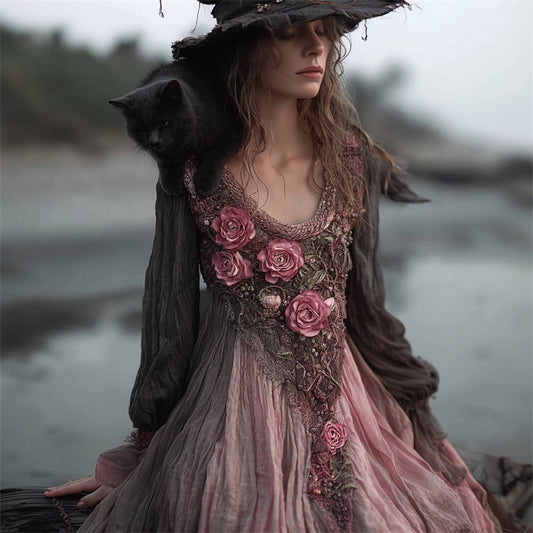 Vintage Witch Pink Roses Glitter Fiber Art Flowy Linen Dress elevenforest