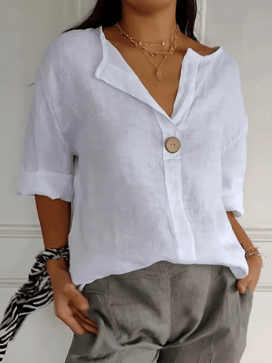 Women's Solid Color V-Neck Button Design Casual Cotton And Linen Shirt