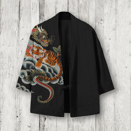 Men's Dragon And Tiger Art Linen Blend Kimono Cardigan elevenforest