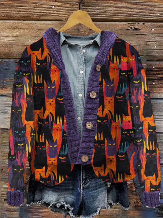 Colorful Halloween Cat Pattern Women's Cardigan elevenforest
