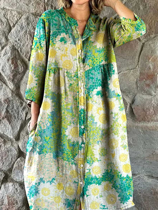 Women's Sunflower Floral Pattern Shirt Cotton and Linen Dress with Poc