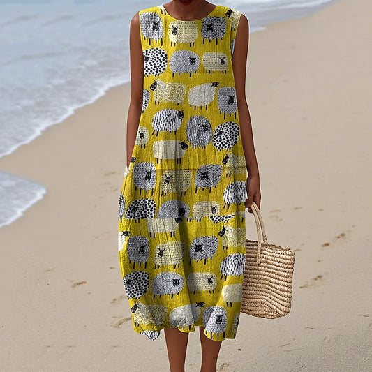 Women's Dotty Sheep Art Print Crew Neck Tank Midi Dress elevenforest