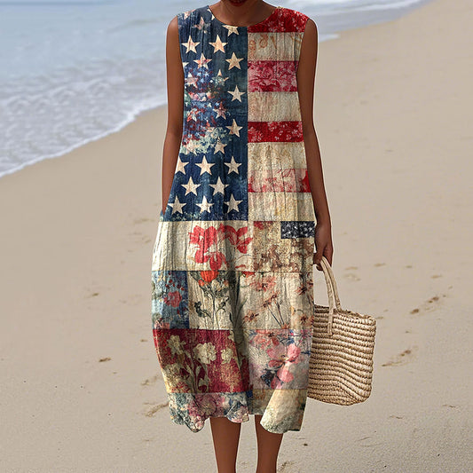 Vintage American Flag  Independence Day 4th Of July Peaceinwar Art Linen Tank Dress elevenforest