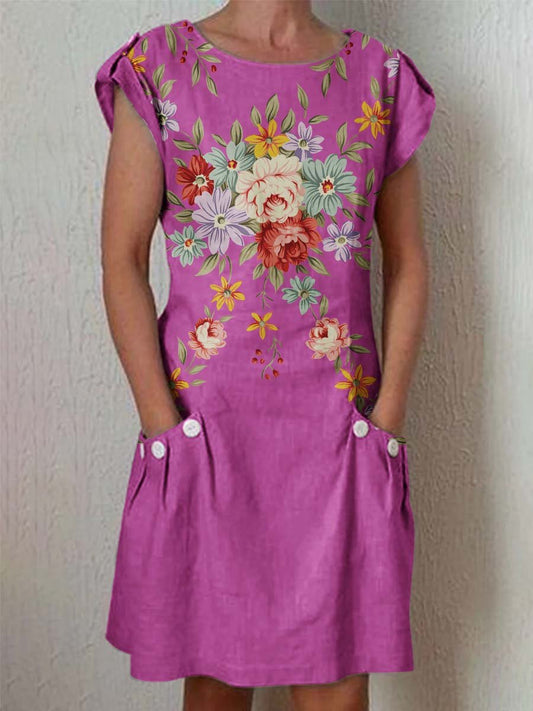 Women's Classic Floral Pattern Cotton and Linen Dress