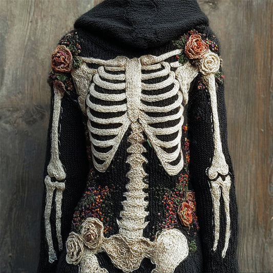 Comstylish Vintage Skeleton Anatomy Floral Hooded Cozy Knit Sweater