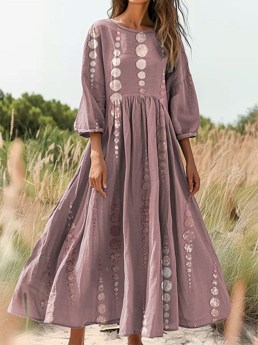 Women's Ethnic Polka Dot Art Print Flowy Cotton Crew Neck Dress