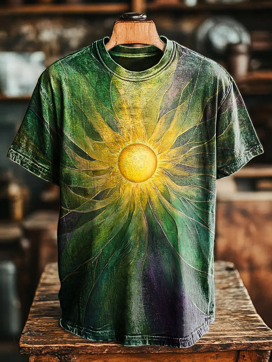 Retro Sun Dark green Vintage Art Print Casual T-shirt For Men And Wome