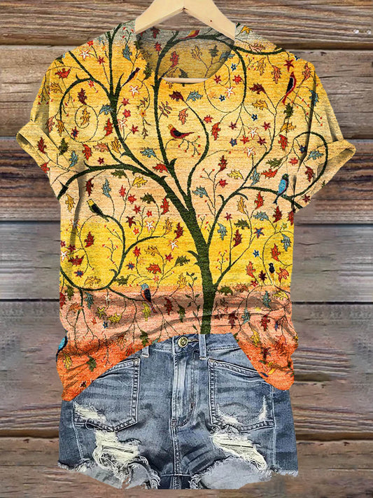 Vintage Floral Bird Art Print Casaul Short Sleeve T-shirt
