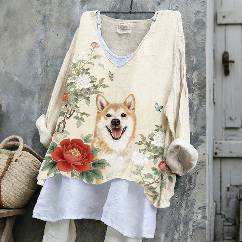 Comstylish Women's Cute Shiba Inu With Floral Ink Art V-neck Linen Blend T-shirt