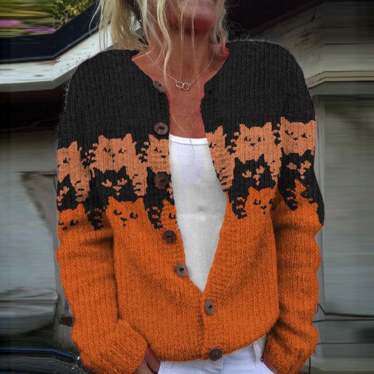 Cat Print Long Sleeve Knitted Cardigan elevenforest