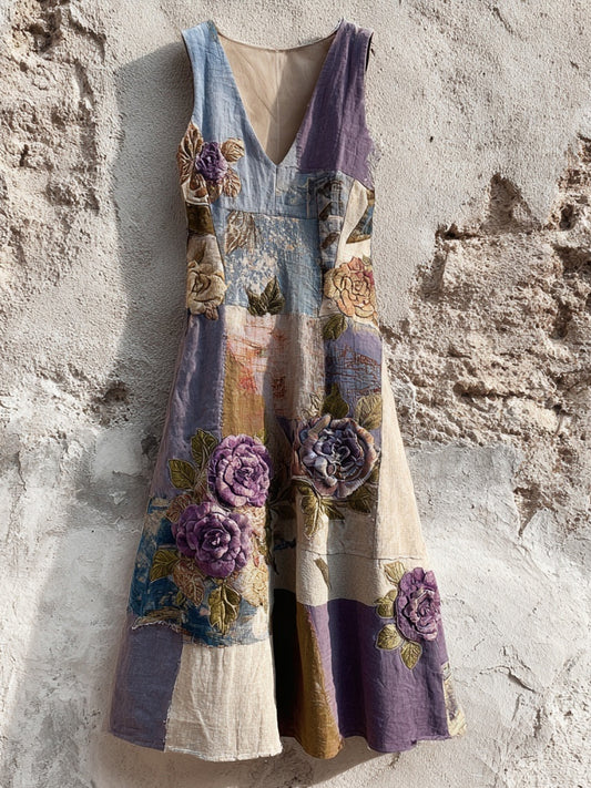 Purple Roses Embroidered Patchwork Linen Midi Dress elevenforest