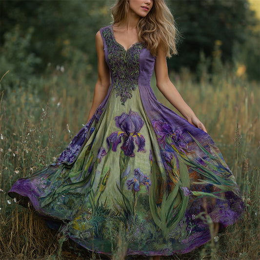 Oil Painting Purple Irises Embroidered Linen Maxi Dress elevenforest