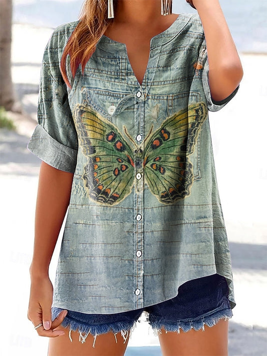 Women's Butterfly Pattern Art Print Cotton and Linen Casual Shirt