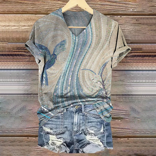 Women's Hummingbird Art Print V-Neck Casual T-Shirt