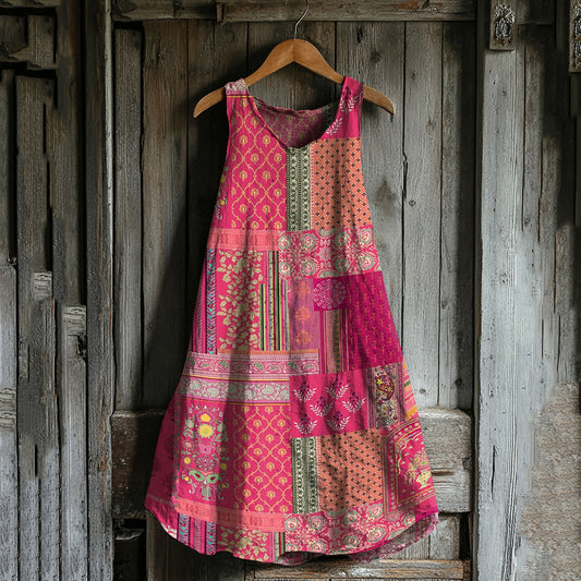 Vintage Floral Patchwork Art Linen Blend Tank Dress elevenforest