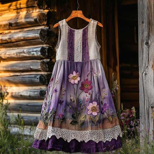 Vintage Purple Floral Lace Patchwork Art Comfy Tank Dress elevenforest