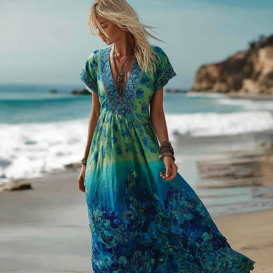 Bohemian Style Retro Peacock Feather Pattern Women's Casual Cotton And Linen Dress elevenforest