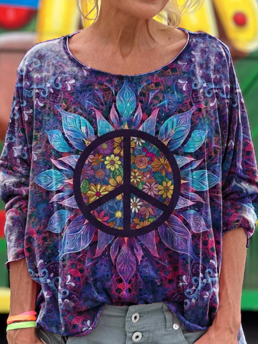 Floral Hippie Art Print Casual Long Sleeve T-Shirt