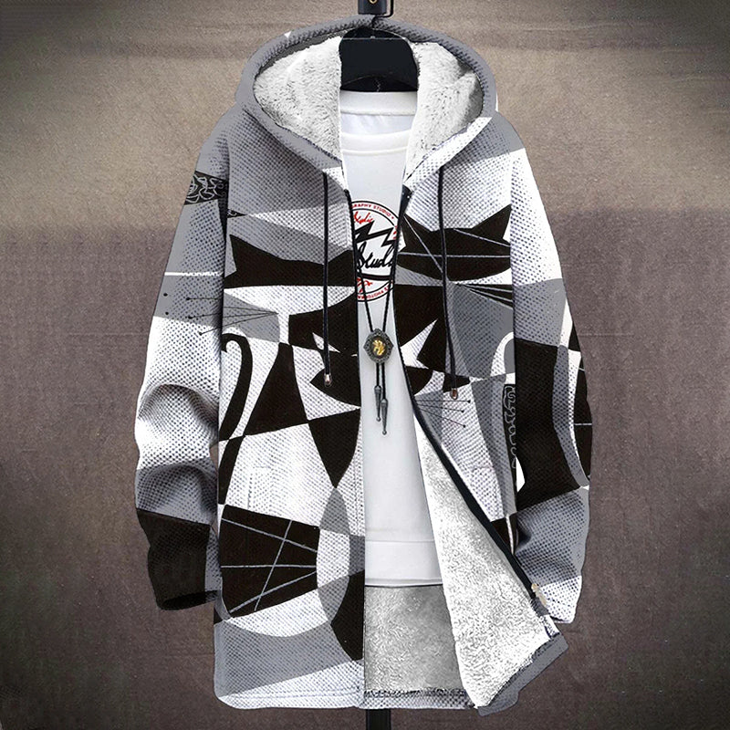 Retro Cat Geometric Pattern Print Plush Thick Long Sleeved Sweater Cardigan Coat elevenforest