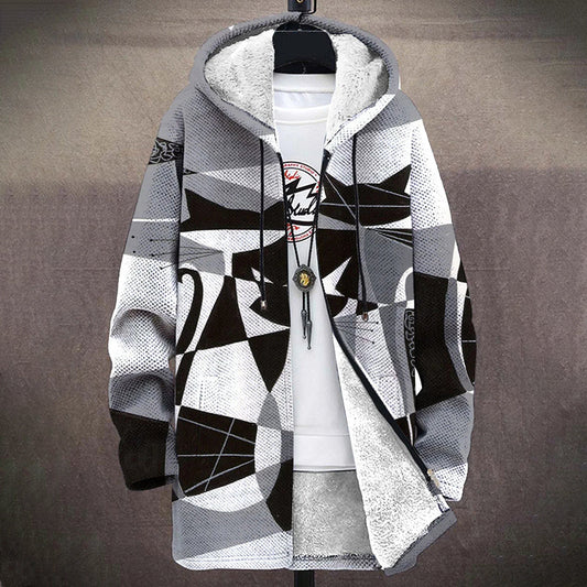 Retro Cat Geometric Pattern Print Plush Thick Long Sleeved Sweater Cardigan Coat elevenforest