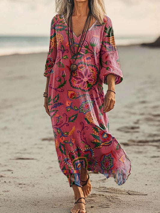Women's Floral Print Art Print Pocket Cotton Dress