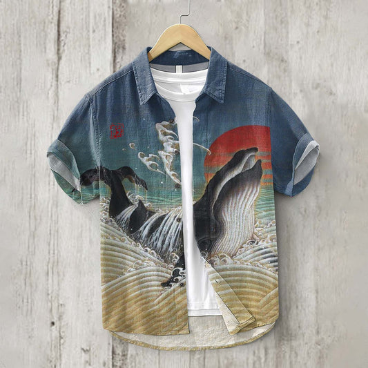 Vintage Japanese Art Whale Linen Blend Shirt elevenforest