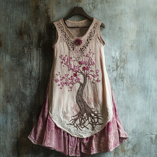 Women's Cherry Blossom Embroidery Art Linen Tank Dress elevenforest