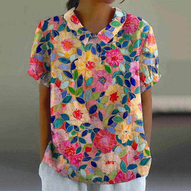 Comstylish Floral Print Lapel Short Sleeve Blouse