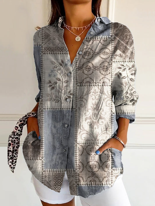 Women's Vintage Floral Art Print Casual Cotton Shirt