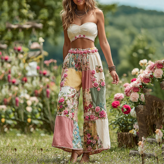 Women's Rose Floral Patchwork Waist Elastic Pocket Pants elevenforest