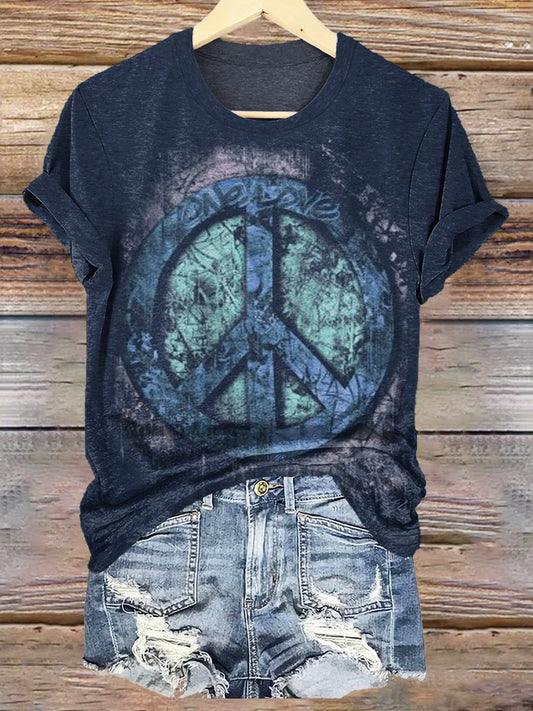 Psychedelic Peace Sign Print Crew Neck T-shirt