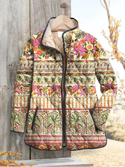 Women's Vintage Lovely Floral Art Print Casual Quilted Cardigan
