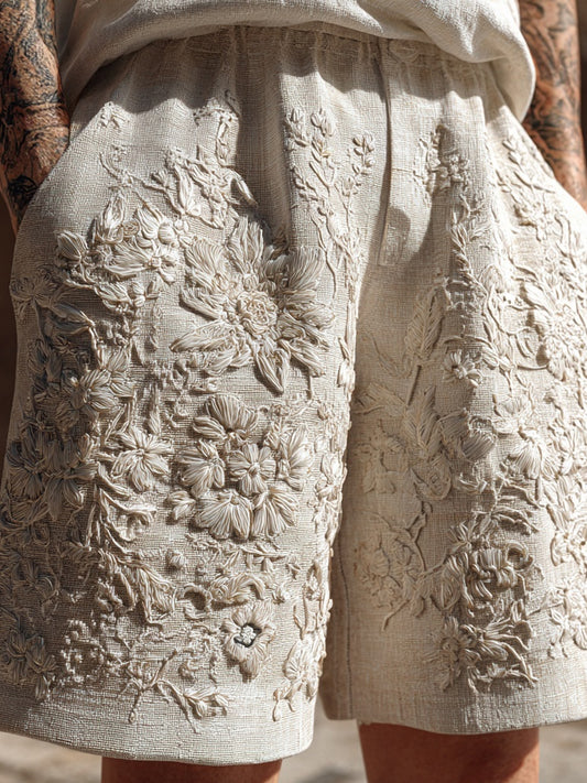 Men's Floral Lace Embroidered Vintage Linen Shorts elevenforest