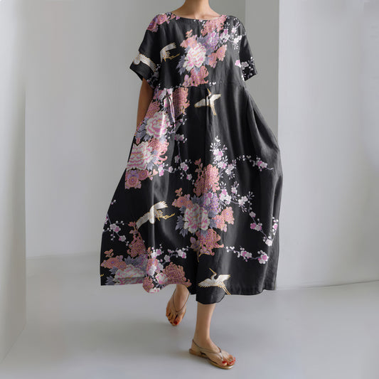 Japanese Art Flower Print Short Sleeve Midi Dress elevenforest