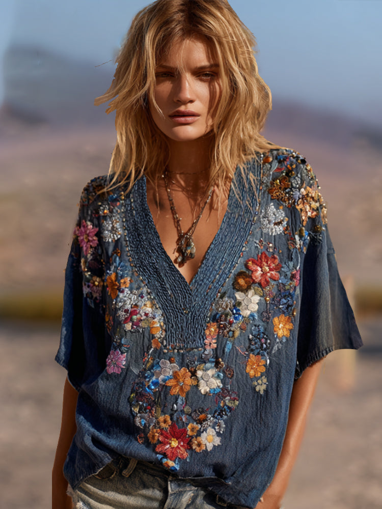 Bohemian-style Three-dimensional Multi-colored Beaded Floral Design With A Distressed Finish, V-neck Short-sleeved Shirt elevenforest