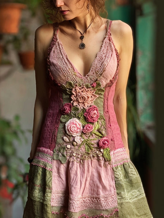 Vintage Rink Roses Embroidered Patchwork Linen Mini Dress elevenforest