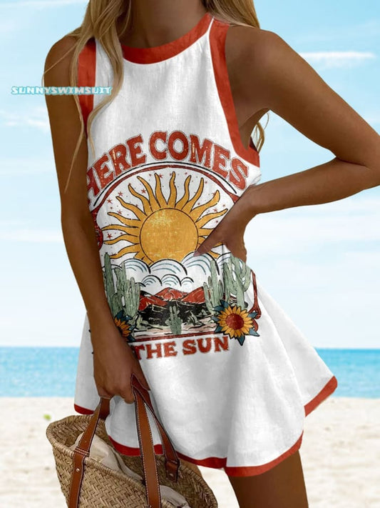 Women's Vintage Art Print Sleeveless Mini Dress