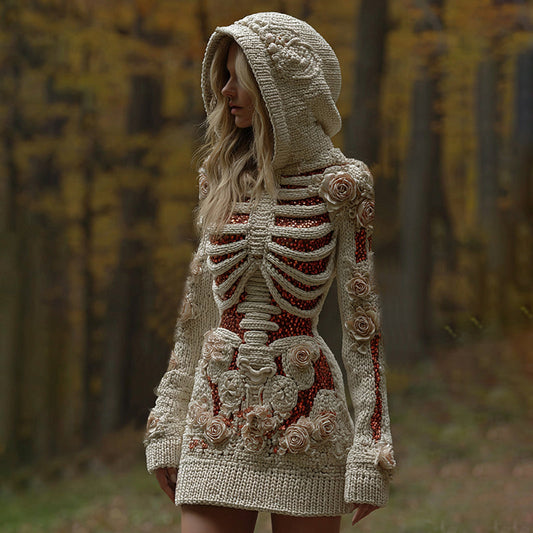 Comstylish Women's Halloween Skull Floral Knit Hooded Sweater Mini Dress