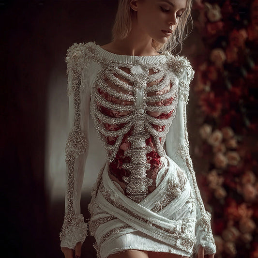 Comstylish Women's Elegant Red Rose Skeleton Art Knit Mini Sweater Dress