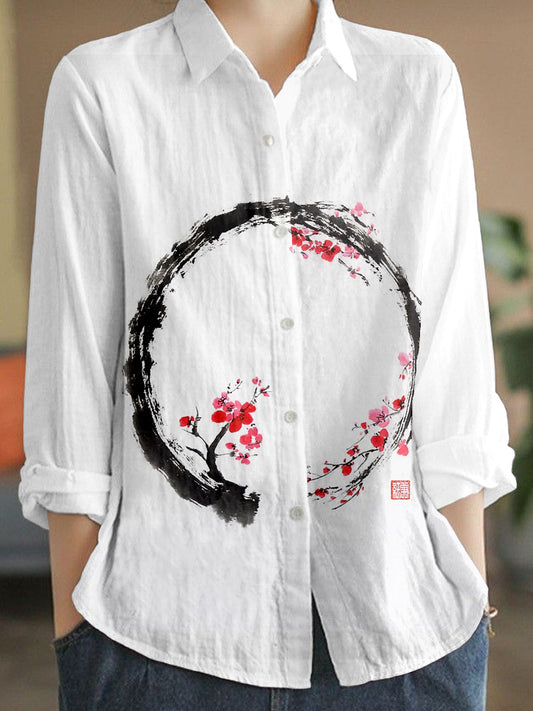 Japanese Sumi-e Cherry Blossom Art Linen Blend Blouse elevenforest