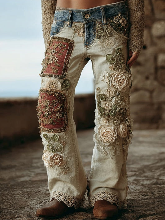 Bohemian Style Patchwork Floral Lace Vintage Jeans elevenforest