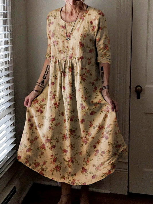 Women's Vintage Floral Art Pattern Print Pocket Cotton Dress