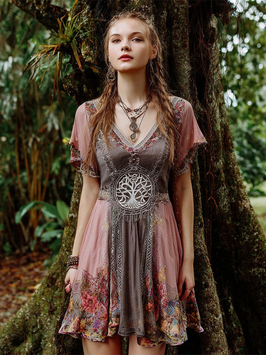 Viking Tree Of Life Women's V-neck Mini Dress elevenforest