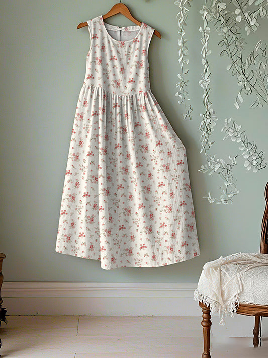 Vintage Floral Art Linen Tank Midi Dress elevenforest