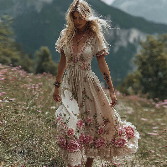 Women's Romantic Rose Embroidery Art Comfy Linen Maxi Dress elevenforest