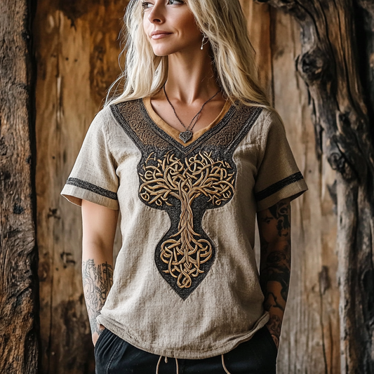 Women's Viking Tree Of Life Celtic Knot Art Linen T-shirt elevenforest