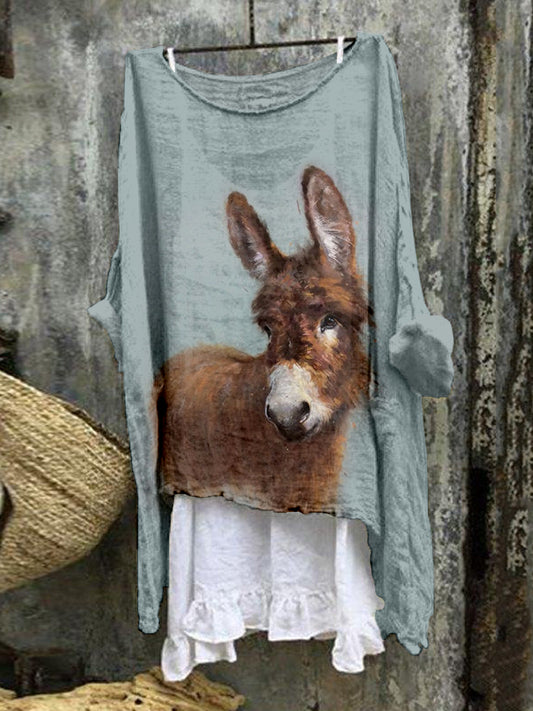 Comstylish Cute Donkey Pattern Linen Blend Flowy Tunic
