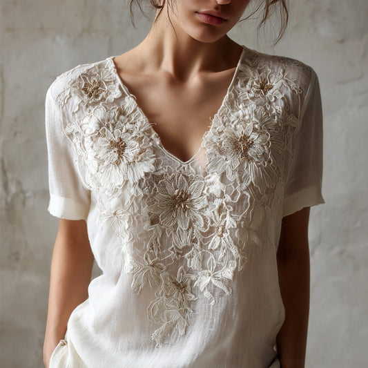 Vintage Floral Lace Embroidered Linen T Shirt elevenforest