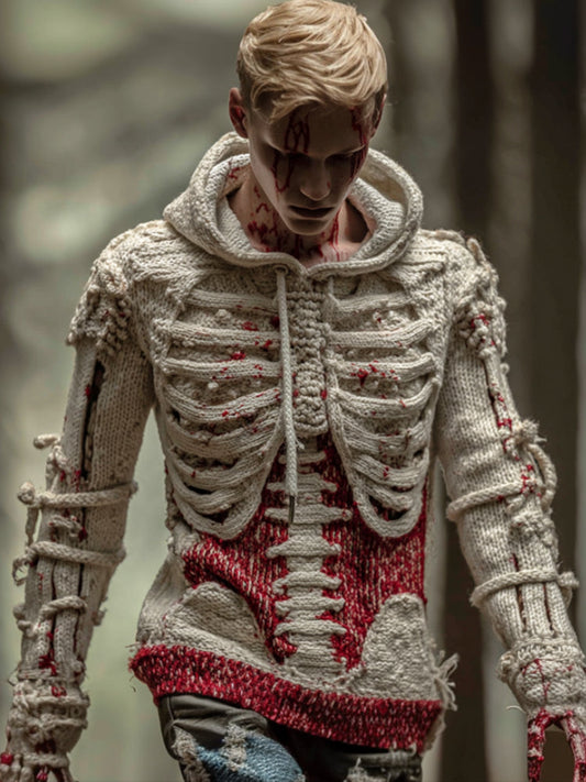 Men's Halloween Three-dimensional Skeleton Blood Stains Thick Needle Hooded Sweater artswardrobe
